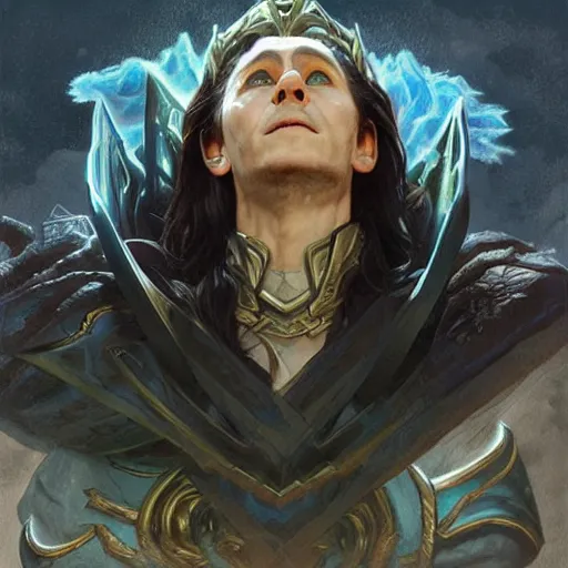 Image similar to loki as a necromancer, summoning undead, glacier landscape, d & d, fantasy, intricate, elegant, highly detailed, digital painting, artstation, concept art, matte, sharp focus, illustration, art by artgerm and greg rutkowski and alphonse mucha