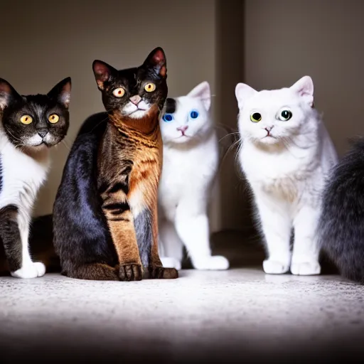 Image similar to a group of cats with glowing eyes staring at the camera, in a dark kitchen at night