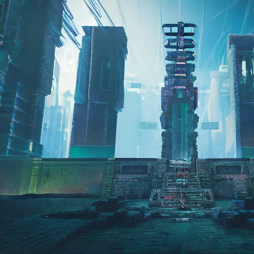 Image similar to Mayan temples merged with cyberpunk futuristic aesthetic 4k highly detailed