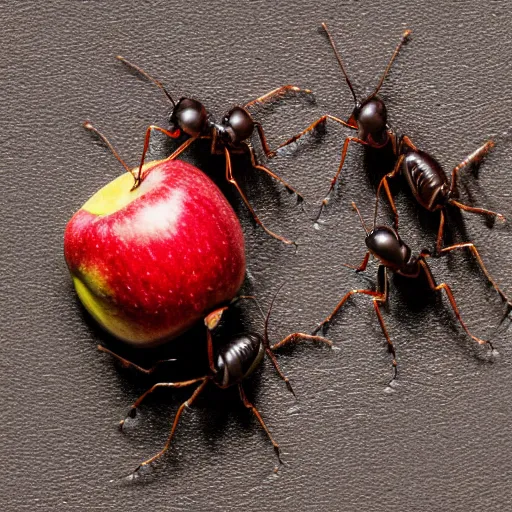 Prompt: Ants crawling on a half-eaten apple, XF IQ4, 150MP, 50mm, f/1.4, ISO 200, 1/160s, natural light, Adobe Photoshop, Adobe Lightroom, DxO Photolab, Corel PaintShop Pro, rule of thirds, symmetrical balance, depth layering, polarizing filter, Sense of Depth, AI enhanced