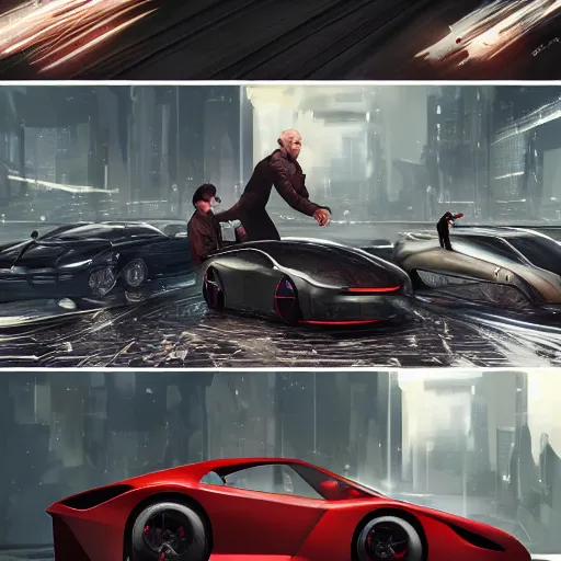 Prompt: Showroom cars, elegant, digital painting, concept art, smooth, sharp focus, art style from Wang Ke and Greg Rutkowski and Bruce Kaiser and Scott Robertson and Dmitry Mazurkevich and Doruk Erdem and Jon Sibal, small style cue from Blade Runner and Minority Report and iRobots