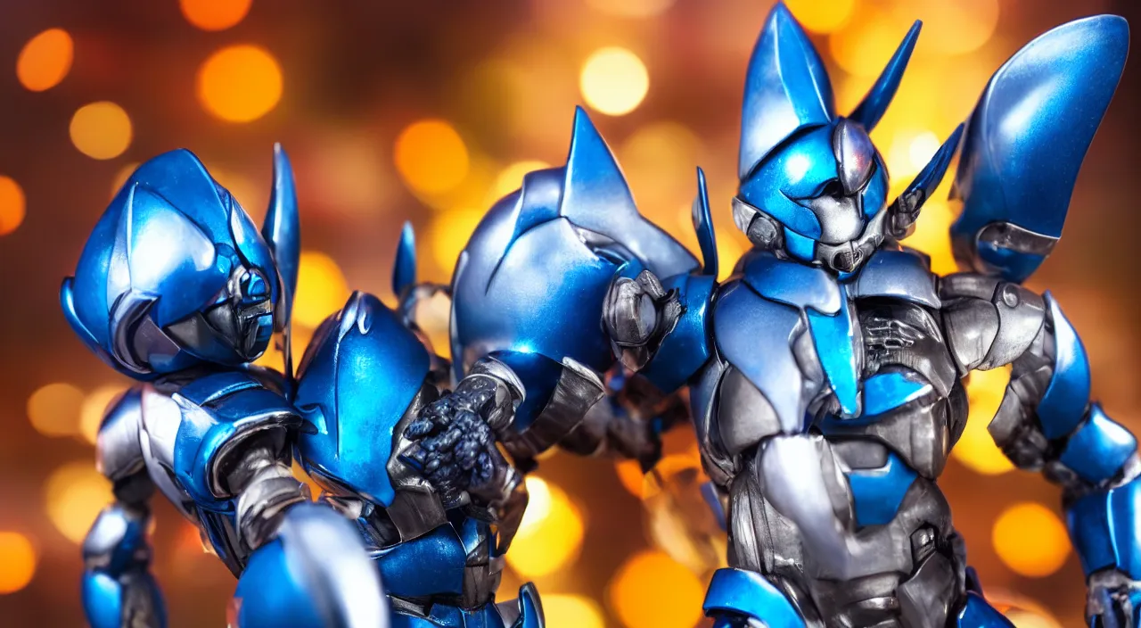 Image similar to medium close up view, Megamen,Guyver,colourful,bokeh,blur,cinematic lighting