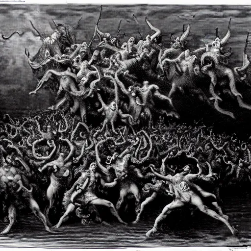 Prompt: A wide shot of a swarm of demons flying up from the depths of Hell in the style of Gustave Dore