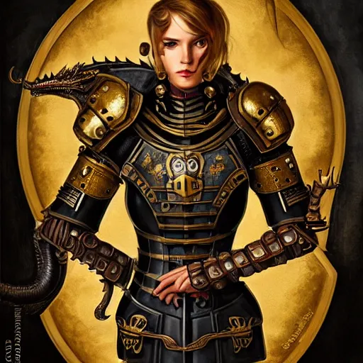 Image similar to Lofi steamPunk portrait knight wearing black and gold plate armor with dragon Pixar style by Tristan Eaton Stanley Artgerm and Tom Bagshaw