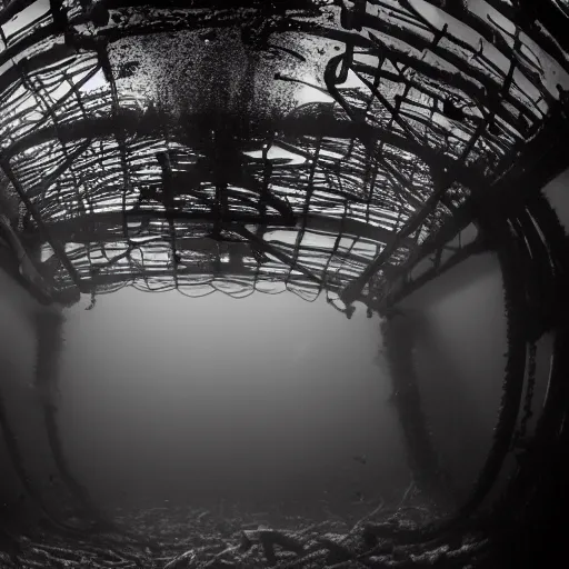 Prompt: an underwater photograph of a rusty complex underwater structure, submechanophobia, eerie, creepy, surreal, dark, void,