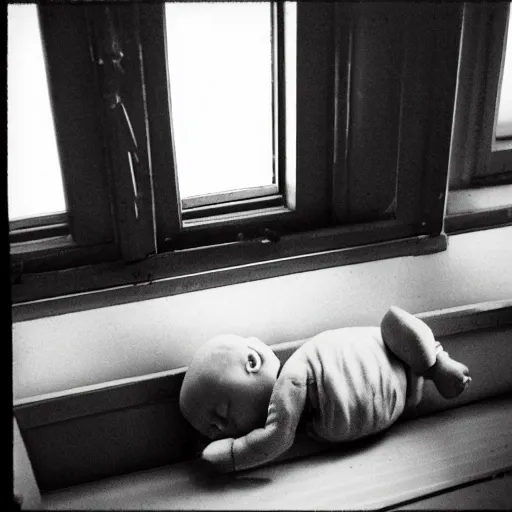 Prompt: A lonely 2-month-old infant lies in a hospital bed in 1971, face down. A window with a Kodak ektachrome.