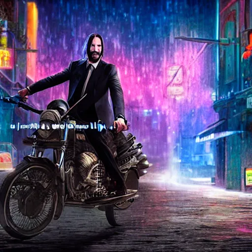 Image similar to Keanu Reaves riding a unicorn thought a HDR neon lit alley, a still shot from John Wick 2, holding a gin, holding an mk-18 at character dressed as Luigi from Mario, epic fantasy style, digital art, 8k high defition