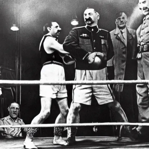 Image similar to stalin and hitler in a boxing ring fighting, in the background is a crowd of people in clown outfits watching.