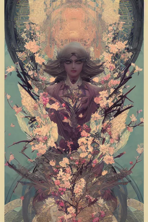 Image similar to portrait breathtaking detailed concept art painting art deco pattern of birds goddesses amalmation flowers head thibetan temple, by hsiao ron cheng, tetsuya ichida, bizarre compositions, yoji shinkawa, exquisite detail, extremely moody lighting, 8 k, art nouveau, old chines painting, art nouveau