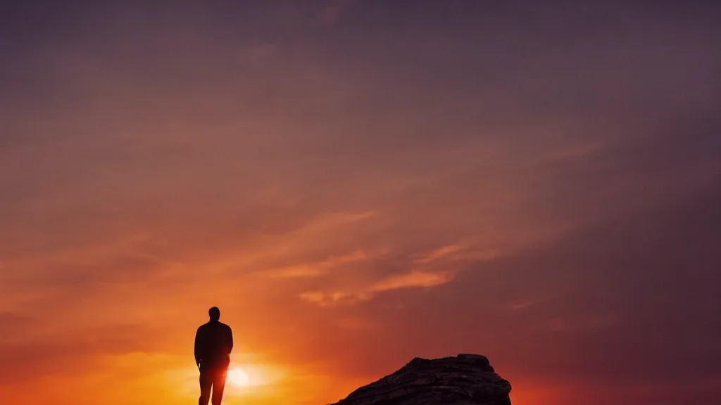 Image similar to a dramatic movie still of a man standing on the roof of a car parked on the edge of a tall cliff at a beautiful sunset, golden hour