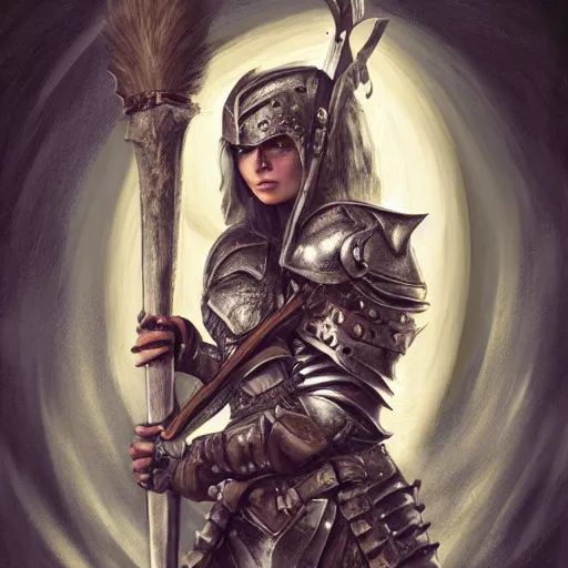 Prompt: woman in full plate armor, axe in her hand, detailed face, low fantasy style