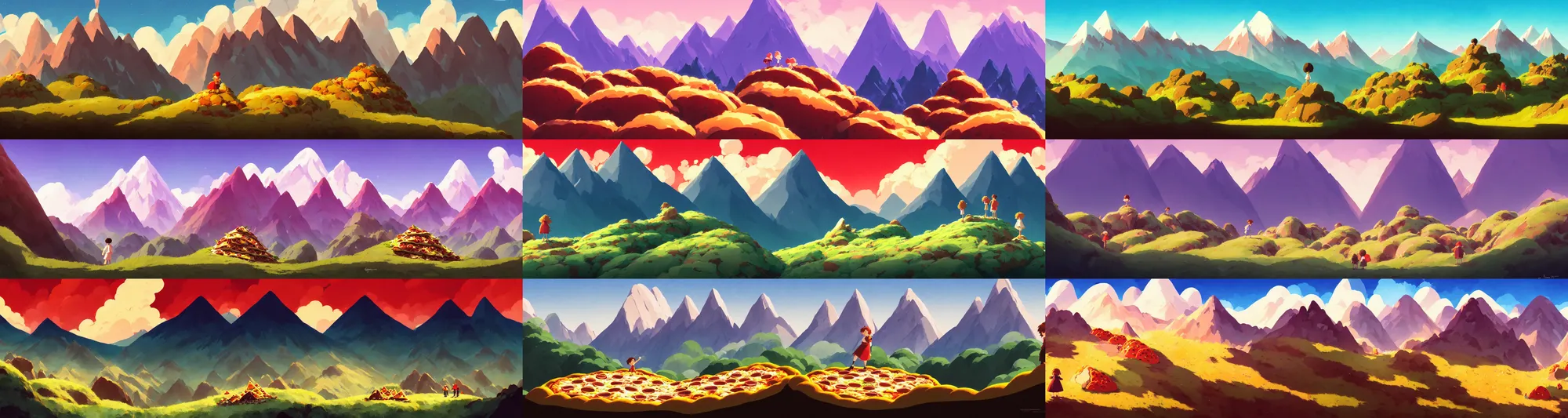 Prompt: a wholesome animation key shot of a mountains made of pizza!!! pizza pizza, studio ghibli, pixar and disney animation, sharp, rendered in gouache painting, anime gouache key art by greg rutkowski, bloom, dramatic, dynamic lighting