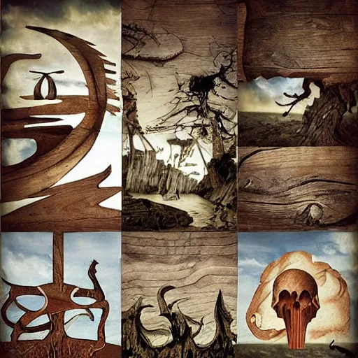 Image similar to the end times wooden collage, woodgrain, environmental art, lovecraftian, behance contest winner