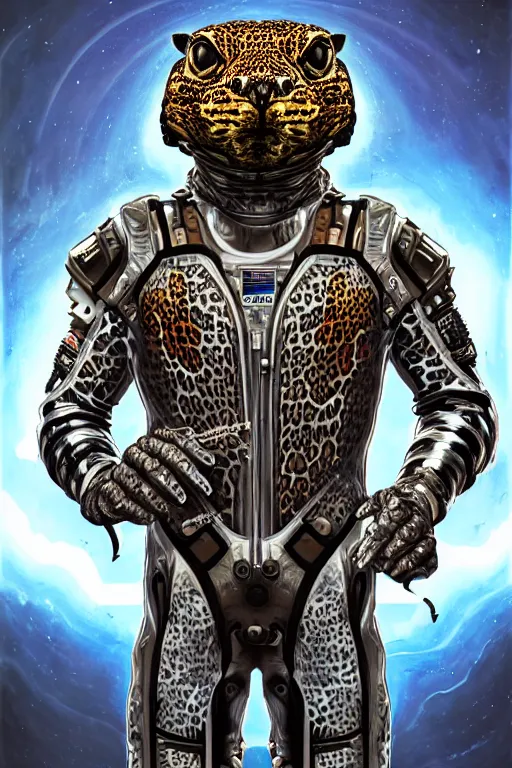 Image similar to a portrait of a muscular anthropomorphic cyberpunk leopard lizard with big head in spacesuit armor with ensignia on chest plate by sandra chevrier, by jon foster, detailed render, pistol in holster, tape deck, epic composition, cybernetics, 4 k realistic, cryengine, realistic shaded lighting, sharp focus, masterpiece, by enki bilal