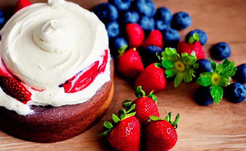 Prompt: A photo of a swedish cake from the side on a wooden table, with cream spread on the sides and strawberries, raspberries and blueberries placed in circles on top. Sunset. 4K. Cinematic lighting. High detail. Realistic. Delicious.