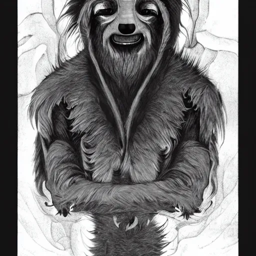 Prompt: unholy sloth, sloth monster, animal sloth, anthropomorphic sloth, demon sloth, demonic robes, dirty matted fur, evil, horror, fire, gloomy mood, ultra details, art by artgerm, dwayne barlowe, trending on artstation and greg rutkowski and alphonse mucha, 8 k