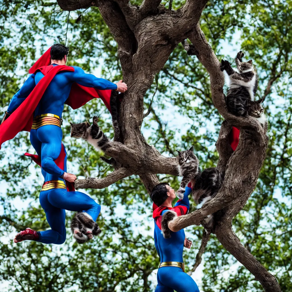 Prompt: high quality photo of superman saving a cat stuck in a tree, photography 4k, f1.8 anamorphic, bokeh, 4k, Canon, Nikon