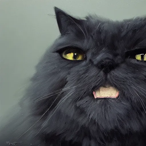 Prompt: closeup portrait of black persian cat staring contemptuously at people, painted by greg rutkowski, painted by igor kieryluk, trending on artstation