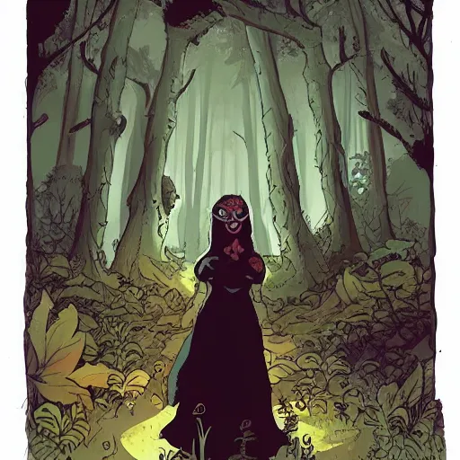 Image similar to character design of a young, beautiful earth witch in wooded forest : : 1, with bear companion, mike mignola style, comics, beautiful composition, wide angle, colorful, cinematic, volumetric lighting, intricate details