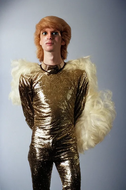 Image similar to portrait davis taylor brown dressed in 1 9 8 1 space fantasy fashion, shiny metal