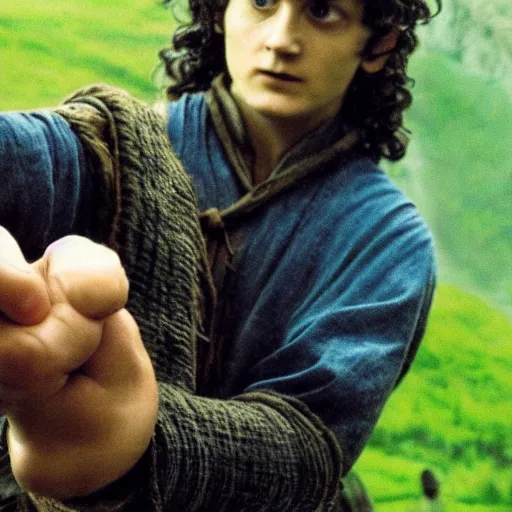 Prompt: frodo baggings holding sting