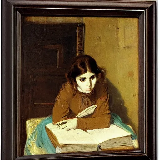Prompt: scared young victorian lady reading a horror book, painted by alfred stevens