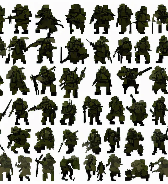 Prompt: monochromatic color scheme!! game asset of soldier poses, 2 d pixel art, in the style of richard schmidbauer, autumn rain turkel, rick dai, yolie leif, adam moore, kitbash, military, contra, rush n'attack, call of duty, artstation, pinterest, deviantart, aseprite, photoshop,