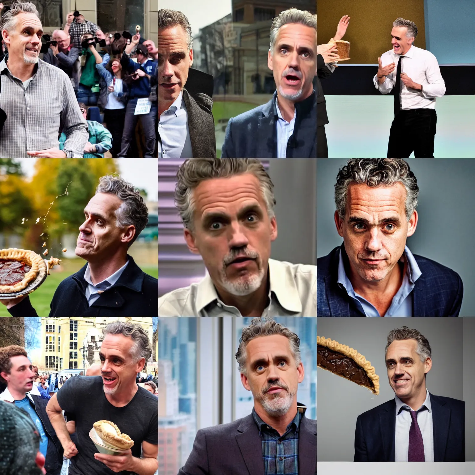 Prompt: jordan peterson getting a pie thrown at his face