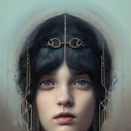 Image similar to tom bagshaw portrait, beautiful portrait of chiara tews in desert robes, black hair, professionally retouched, focus eyes, ultra realistic soft painting, insanely detailed linework, symmetrical accurate intricate features, behance, 8 k