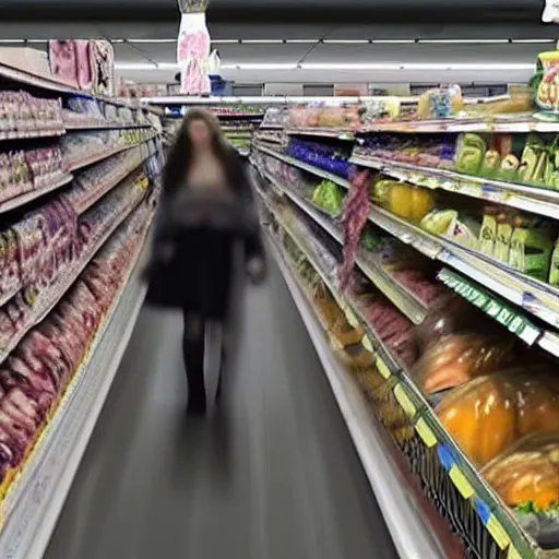 Image similar to cctv camera still of a werewolf shopping in a grocery store