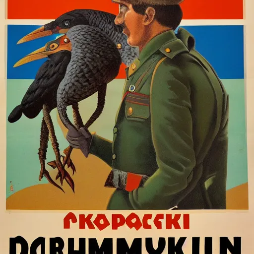 Image similar to soviet propaganda poster depicting a dromaius novaehollandiae in military uniform