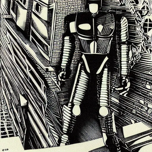 Prompt: printmaking of robocop on party by escher