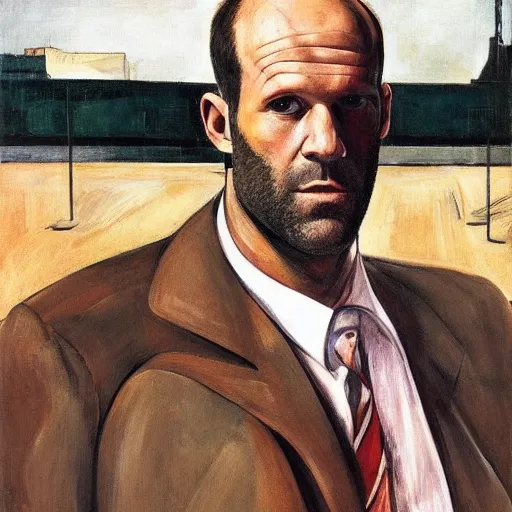 Image similar to portrait of jason statham pet detective standing atop a garbage truck giorgio de chirico mark rothko lucian freud greg rutkowski