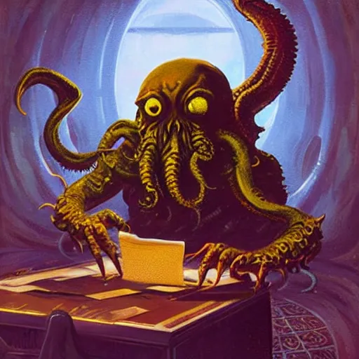 Prompt: Cthulhu has to do taxes. Creator is Paul Lehr