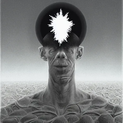 Prompt: A Black background portrait of a man with an exploding head by Zdzisław Beksiński and Simon Stålenhag,In style of Japanese comics.digital illustration,Ray tracing,hyper detailed,sharp focus,4k