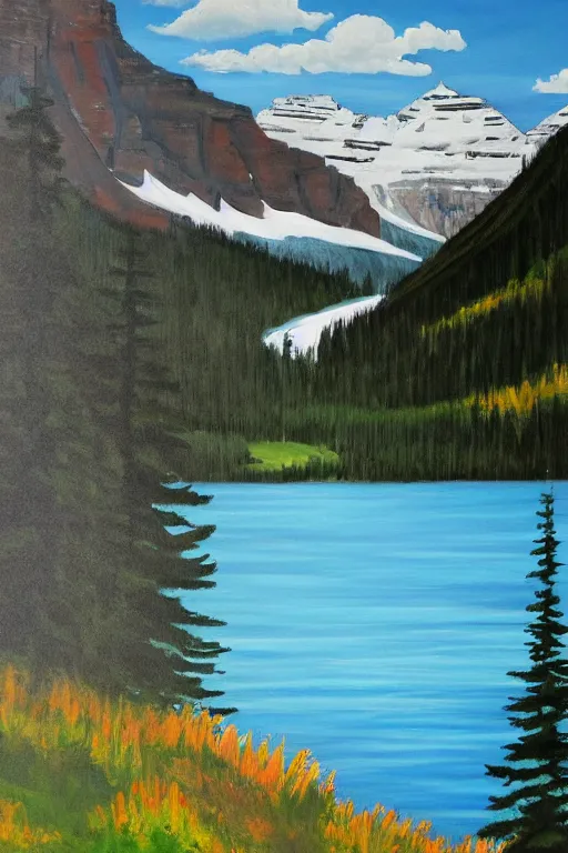 Image similar to bob ross painting of lake louise