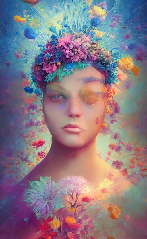 Image similar to a beautiful oil painting hyperrealism of a beautiful woman, flowers, floral headdress, 8 k resolution, octane render, trending on artstation, by gediminas pranckevicius, volumetric light 2 blue fractal thunder glow by dan mumford, anaglyph effect, laurie lipton