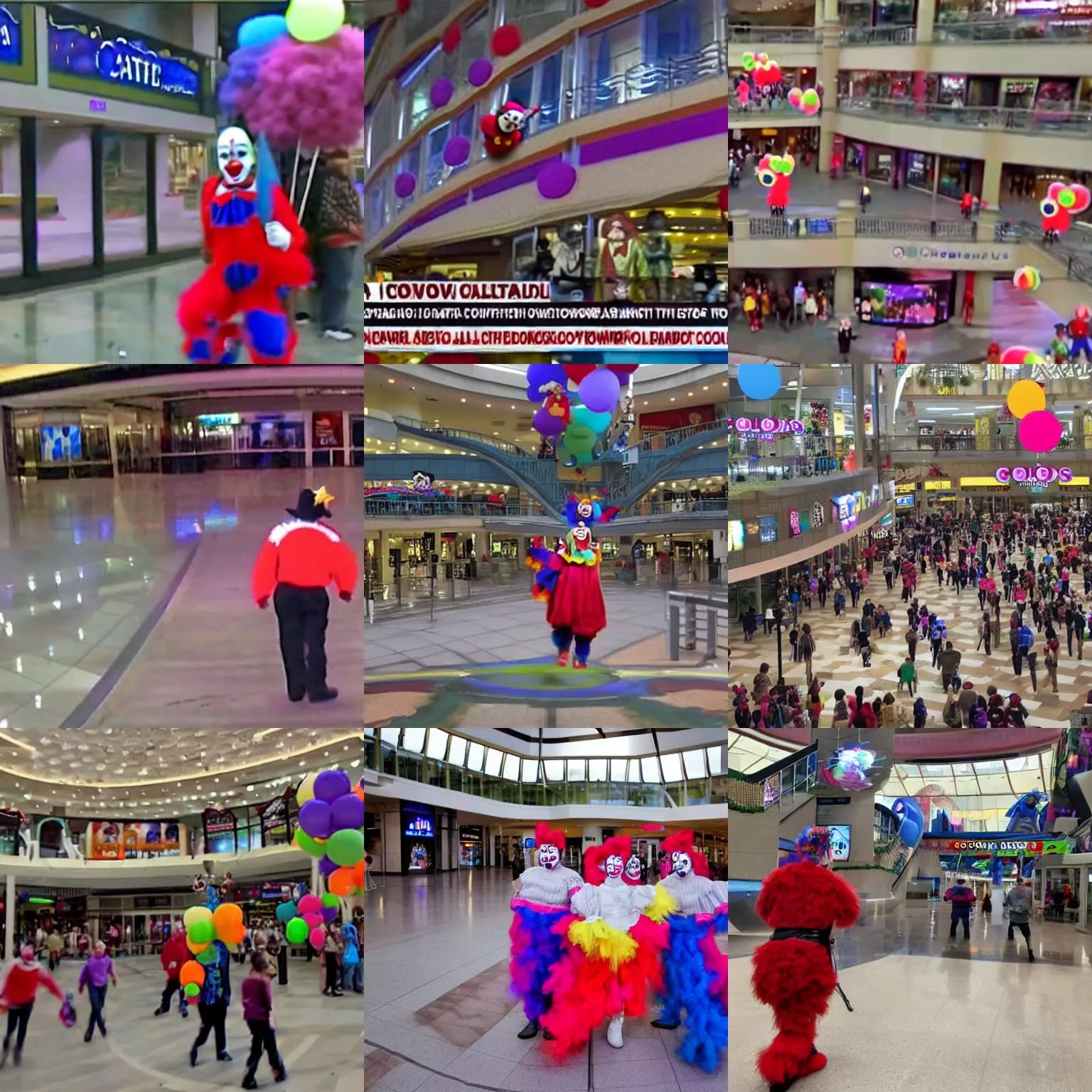 Prompt: clowns are taking over the mall of america, CCTV footage shown on newscast