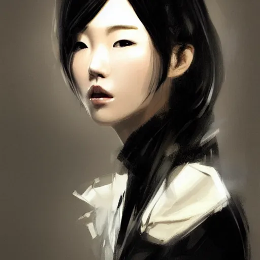 Image similar to portrait of a beautiful korean girl wearing a men's tuxedo, with bangs, very long hair and bangs, angular features, angry expression, dramatic lighting, illustration by Greg rutkowski, yoji shinkawa, 4k, digital art, concept art, trending on artstation