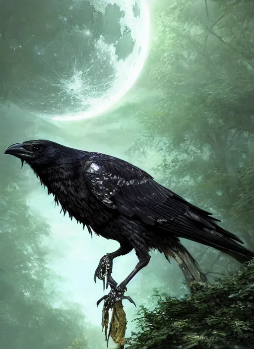 Image similar to glowing silver and golden elements, full close-up zoom portrait of realistic crow, book cover, green forest, white moon, establishing shot, extremly high detail, photo-realistic, cinematic lighting, by Yoshitaka Amano, Ruan Jia, Kentaro Miura, Artgerm, post processed, concept art, artstation, matte painting, style by eddie mendoza, raphael lacoste, alex ross