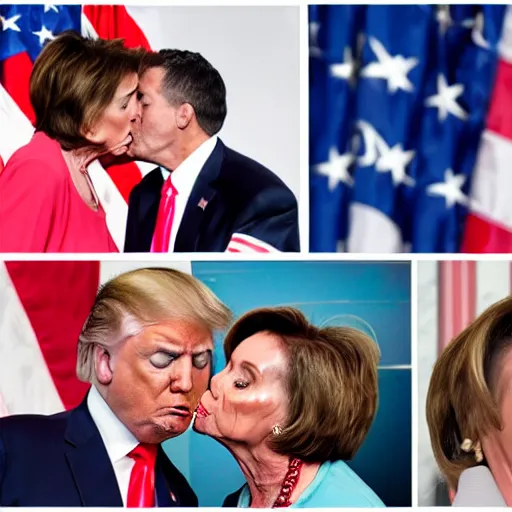 Image similar to donald trump kissing nancy pelosi with tongue, american flag behind