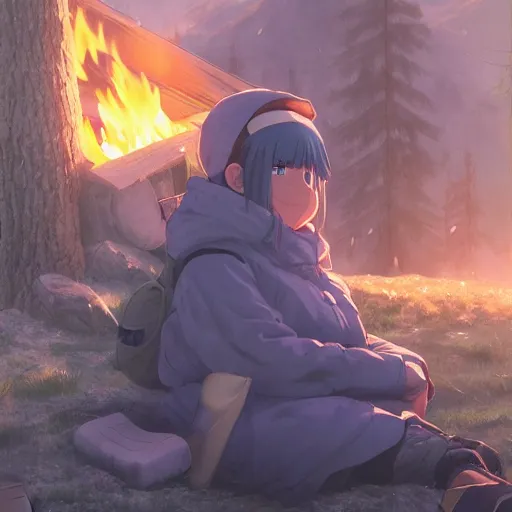 Image similar to yuru camp anime campfire hyperdetailed blue eyes, trending on artstation, cinematic lighting, highly realistically detailed, trending on pixiv , Unreal Engine 4k, detailed faces, manga cover, official anime key visual by greg rutkowski