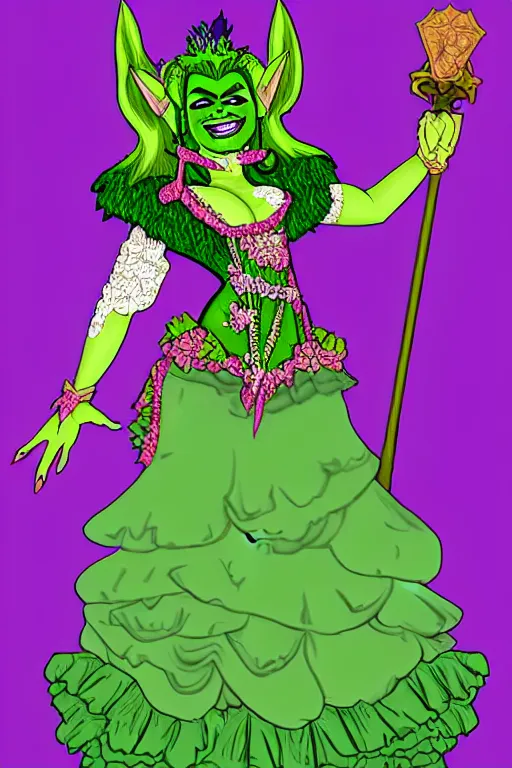 Image similar to d&d character artwork of a green-skinned orc drag queen, drag queen orc in frilly rococo ballgown and wearing a huge rococo powdered wig