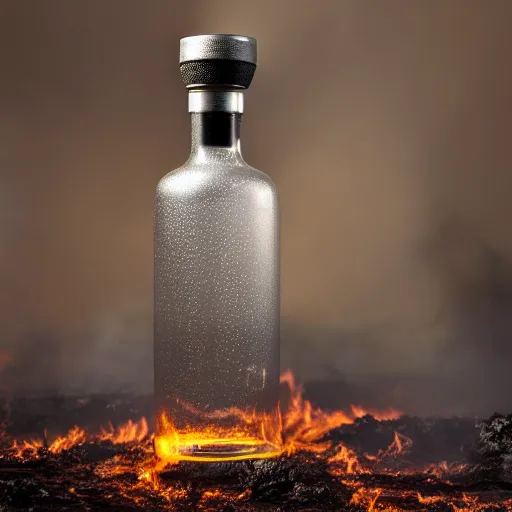 Prompt: an award winning advertisement photo of a translucent glass vodka bottle in the style of a propane cylinder with a forest fire surrounding it, drammatic lighting, sigma 5 0 mm, ƒ / 8, behance