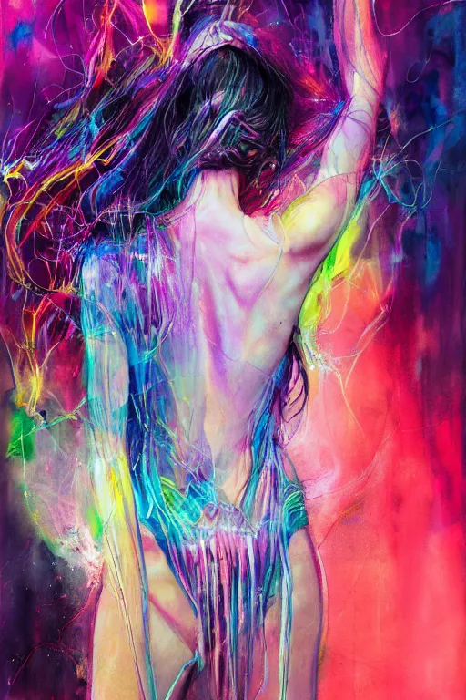 Image similar to gal gadot by agnes cecile enki bilal moebius, intricated details, 3 / 4 back view, full body portrait, extremely luminous bright design, pastel colours, drips, autumn lights