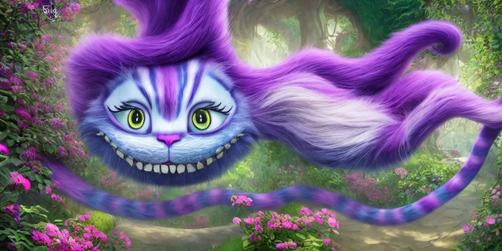 Image similar to The Cheshire Cat, Alice in wonderland, colorful, wide angle, super highly detailed, professional digital painting, artstation, concept art, smooth, sharp focus, no blur, no dof, extreme illustration, Unreal Engine 5, Photorealism, HD quality, 8k resolution, cinema 4d, 3D, beautiful, cinematic, art by artgerm and greg rutkowski and alphonse mucha and loish and WLOP