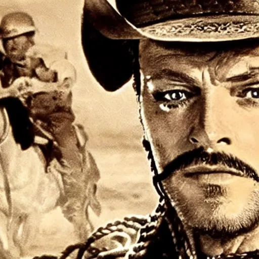 Image similar to a film still of Johnny Joestar from steel ball run in ''The Good, the Bad and the Ugly''(1966)