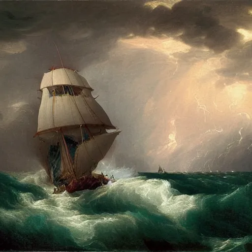 Image similar to an oil painting of an xviii century ship at sea during a thunderstorm, highly detailed, 4 k, painted by thomas cole