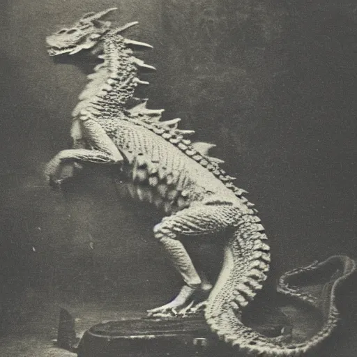 Image similar to victorian photograph of a real dragon, rutowski, highly realistic, scaly, grainy photo, very blurry, creature, faded, taken in the 1 8 8 0 s, 1 8 7 0 s, 1 8 9 0 s