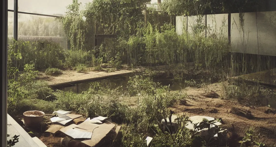 Prompt: IKEA catalogue photo, high end farm house style kitchen, a pond in the middle, concrete, sand piled in corners, dust, organic, vines, wooden, overgrown, water feature, by Beksiński